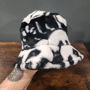 Panda Bucket Hat Faux Fur Black and White